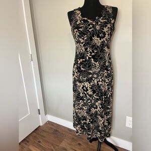 Coldwater Creek Black and Tan Floral Midi Built in Bra Comfortable Stretch Dress